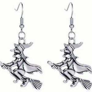 Witch Earrings Halloween Dangle Goth Flying Broom Costume Silver Party Whimsical